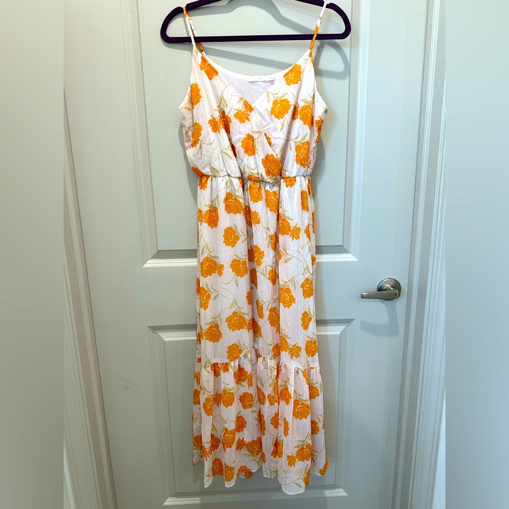 Orange and white floral tea length dress size medium